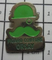 115D Pin's Pins / Beau Et Rare / MARQUES / FIGARO COIFFURE ORSAY MOUSTACHE CHAPEAU MELON - Marche