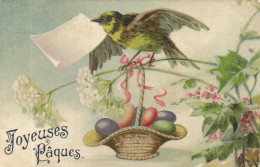 Illustrateur Joyeuses Paques Oiseau Portant Une Lettre Et Un Panier D'oeufs Colorisés RV - Pasen