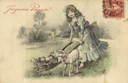 Illustrateur Joyeuses Paques Fillette Avec Une Brouette D'oeufs Colorisée Agneau  RV - Easter