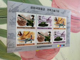Korea Stamp MNH Perf Flag War 2000.7.27. Motorcycle Heroes And Armament Tank Plane Gun Sheet - Korea, North