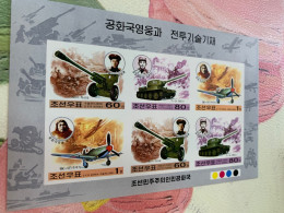 Korea Stamp MNH Imperf 2000.7.27. Flag War Motorcycle Heroes And Armament Tank Plane Gun Sheet - Corea Del Nord