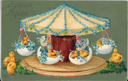 Joyeuses Pâques - Manège Avec Ses Poussins - Carte Gaufrée EAS De 1910 - Ostern