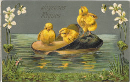 Joyeuses Pâques - Savate  Ou Chausson Flottant Avec Ses Poussins - Carte Gaufrée EAS De 1910 - Pasen