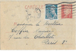 Entier - Carte-lettre 1Fr Pétain 514-CL1 - - Cad PARIS XI 29 IX 1942 - Rue Mercoeur - - Briefe U. Dokumente