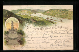 Lithographie Bingen, Ortsansicht Mit Rhein Aus Der Vogelschau, Denkmal  - Bingen