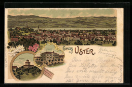 Lithographie Uster, Totalansicht, Schloss, Schulhaus  - Other & Unclassified