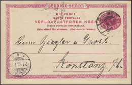 Postkarte P 20 SVERIGE-SUEDE 10 Öre, MALMÖ 31.3.1896 Nach KONSTANZ 2.4.96 - Entiers Postaux