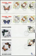 Surinam Schmetterlinge Und Falter 1994 - Teils Mit Aufdruck - Auf 4 Schmuck-FDC - Vlinders