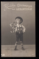 Kinder-AK Geburtstag: Junge In Lederhose Mütze Blumen, Zensur WÜRZBURG 8.11.1915 - Altri & Non Classificati