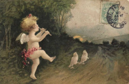 Illustrateur Petit Ange Avec Une Flute Suivant Des  Oiseaux Coucher De Soleil RV - Engelen