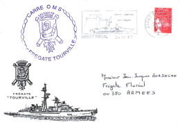 ENVELOPPE AVEC CACHET FREGATE FASM TOURVILLE - CARRE OMS - FLAMME BREST NAVAL LE 24/12/97 - Correo Naval