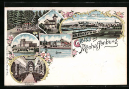 Lithographie Aschaffenburg, Fasanerie, Pompejanum, Büchelberghaus  - Aschaffenburg