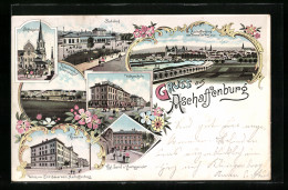 Lithographie Aschaffenburg, Kaserne, Bahnhof, Volksschule  - Aschaffenburg