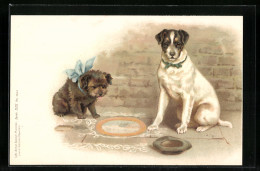 Lithographie Terrier Sitzt Mit Seinem Spielgefährten Neben Einem Hut  - Chiens