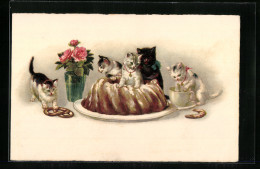 Lithographie Katzenwelpen Auf Einem Kuchen  - Katzen
