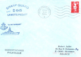 ENVELOPPE AVEC CACHET FREGATE FASM LA MOTTE PICQUET - SHARP GUARD D645 - PARIS NAVAL LE 06/4/1994 - Scheepspost