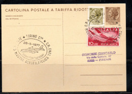 ITALIA REPUBBLICA ITALY REPUBLIC CARTOLINA POSTALE 28-5-1977 MOSTRA AEROFILATELICA CR ENEL CRA ILTE TORINO VIAGGIATA - Postwaardestukken