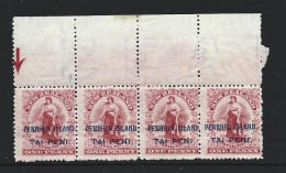 Penrhyn Island 1902 Overprints On NZ 1d MNH Marginal Strip Of 4 , 2 Units With Broken N Variety - Penrhyn