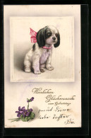 AK Hundewelpe Mit Rosa Schleife, Veilchen, Geburtstagsgruss  - Hunde