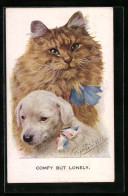 Künstler-AK Katze Und Hundewelpe, Comfy But Lonely  - Katten