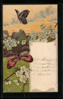 Lithographie Schmetterlinge An Einem Blühendem Obstbaum  - Insecten