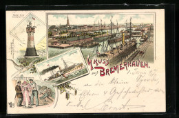 Lithographie Bremerhaven, Hafen, Roter Sand-Leuchtturm, Najade  - Bremerhaven