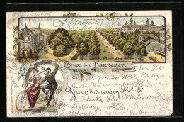 Lithographie Hannover, Herrnhäuser Allee Aus Der Vogelschau, Paar Auf Tandem  - Hannover