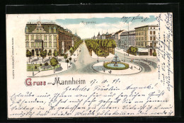 Lithographie Mannheim, Ringstrasse Mit Zierbrunnen Und Mittelpromenade  - Mannheim