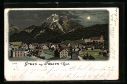 Mondschein-Lithographie Füssen A. Lech, Ortsansicht Mit Gipfelblick Aus Der Vogelschau  - Füssen