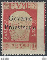 1921 Fiume Governo Provvisorio 10c. Varietà MNH Sassone N. 176 - Autres & Non Classés