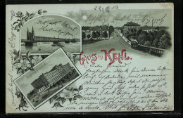 Mondschein-Lithographie Kehl, Strassenpartie Mit Bahn, Grossherzog Friedrich-Kaserne, Brücke  - Kehl