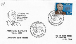 Fdc Ditta Ignota: AMINTORE FANFANI  (2008); No Viaggiata; Annullo Speciale Pieve Santo Stefano - FDC