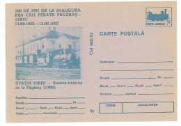 IP 92 - 63 SIBIU, Railway Station & Train - Stationery - Unused - 1992 - Interi Postali