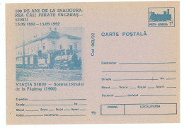 IP 92 - 63 SIBIU, Railway Station & Train - Stationery - Unused - 1992 - Ganzsachen