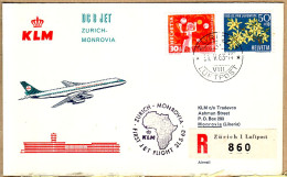 30205 / ⭐ ◉  ♥️ KLM Scheduled First DC-8 Jet Flight 31-05-1963 ZURICH-MONROVIA Libéria Vol Inaugural Recommandé - Lettres & Documents