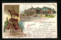Lithographie Frankfurt A. M., Strassenbahn Am Hauptbahnhof, Denkmal Kaiser Wilhelm I.  - Frankfurt A. Main