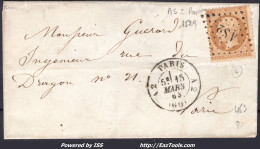 FRANCE N° 21 SUR LETTRE AVEC BUREAU DE PARIS AS2 ROMAIN + CAD DU 15/03/1863 - 1862 Napoléon III.
