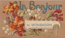 CE23 -(33) " UN BONJOUR DE MONBADON " - CARTE FANTAISIE  FLEURS : MUGUET - AMARYLLIS - DORURE  - 2 SCANS - Otros & Sin Clasificación