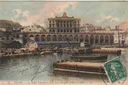 CE1 - ALGER  ( ALGERIE ) -   LE PALAIS CONSULAIRE ET LES DEUX MOSQUEES PRISES DU QUAI   -  CARTE COLORISEE  -  2 SCANS - Alger