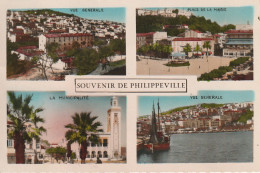 CE2 - SOUVENIR DE PHILIPPEVILLE  ( ALGERIE ) - CARTE COULEURS   MULTIVUES : PLACE DE LA MAIRIE , VUE GENERALE ... - Skikda (Philippeville)