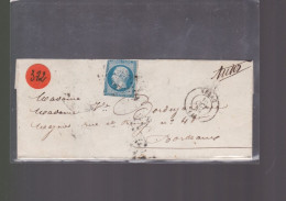 Un  Timbre  Napoléon III   N° 14  20 C Bleu  Départ Nérac   Sur Enveloppe S.C   Destination Bordeaux 1859 - 1853-1860 Napoleone III