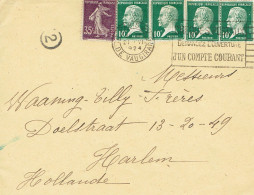 Tarifs Postaux Etranger Du 01-04-1924 (01) Pasteur N° 170 10 C. X 4 + Semeuse 35 C. Violet Lettre 20 G. 21-06-1924 - 1922-26 Pasteur