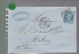 Un  Timbre  Napoléon III   N° 22    20 C Bleu    Départ Mulhouse  1867 Destination Mélisey  Cachet Après Le Départ - 1849-1876: Période Classique