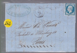 Un  Timbre  Napoléon III   N°  14     20 C Bleu   Sur Lettre  Départ Surgères  1858      Destination  Paris - 1849-1876: Klassieke Periode