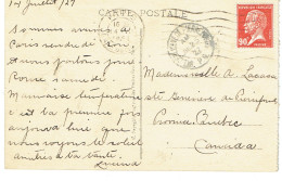 178 Pasteur 90 C. Rouge Lettre à Destination Du CANADA (destination RARE) Tarifs Postaux Du 01-08-1926 - 1922-26 Pasteur