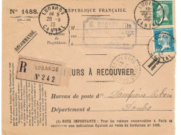 171  Pasteur 15 C. + 176 (48) Pasteur 50 C. Bleu  Taxe Valeur à Recouvrer (devant Lettre) Tarifs Postaux Du 25-03-1924 - 1922-26 Pasteur