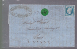 Un  Timbre  Napoléon III   N°  14     20 C Bleu   Sur  Lettre  Départ  Surgères    1858  Destination Paris - 1849-1876: Classic Period