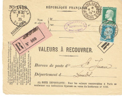 171  Pasteur 15 C. + 176 (47) Pasteur 50 C. Bleu  Taxe Valeur à Recouvrer (devant Lettre) Tarifs Postaux Du 25-03-1924 - 1922-26 Pasteur