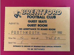 Football Ticket Billet Jegy Biglietto Eintrittskarte Brentford FC - Portsmouth 01/09/1992 - Toegangskaarten