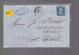 Un  Timbre  Napoléon III   N°  14     20 C Bleu   Sur  Lettre   Départ Bordeaux    1858   Destination    Paris - 1849-1876: Klassieke Periode